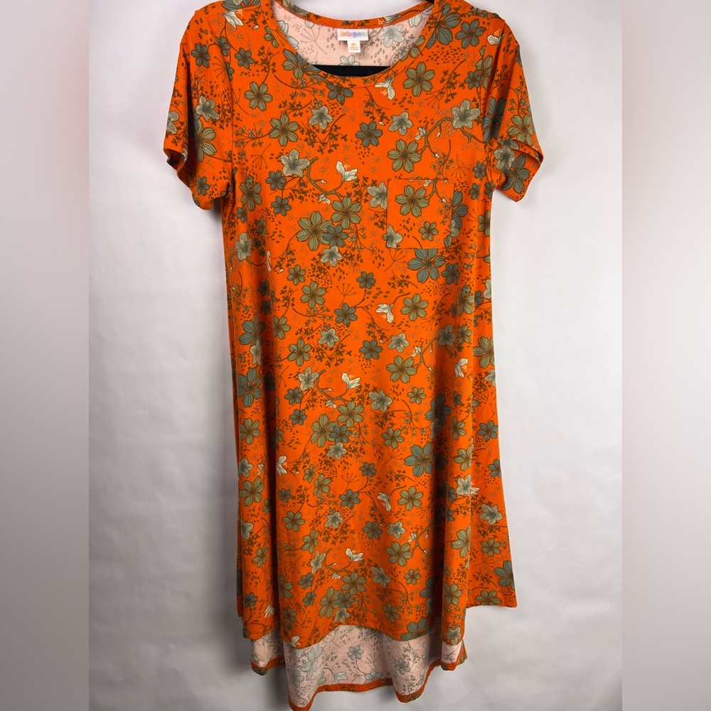LuLaRoe Carly Dress Orange Floral High-Low Hem Stretch Knit XS Casual Boho - Picture 2 of 10